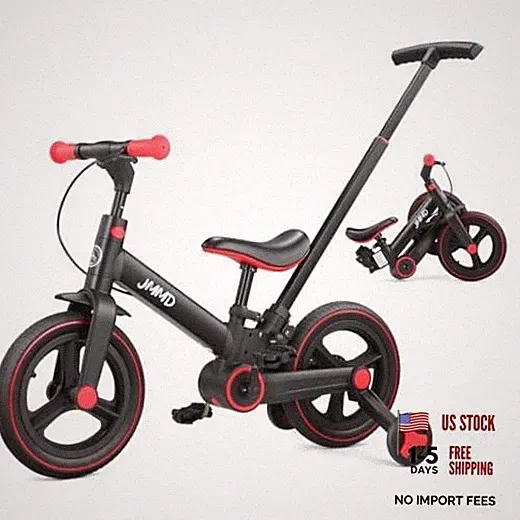 6 in 1 Toddler Bike with Push Handle for Kids 18-60 Months, 12" Large Black